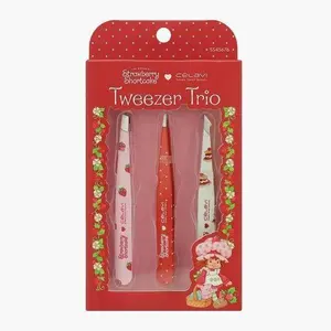 Celavi Strawberry Shortcake 3PC Printed Tweezer Trio - Multi-pack Pointed & Slant Tips for Precision Hair Removal and Eyebrow Shaping