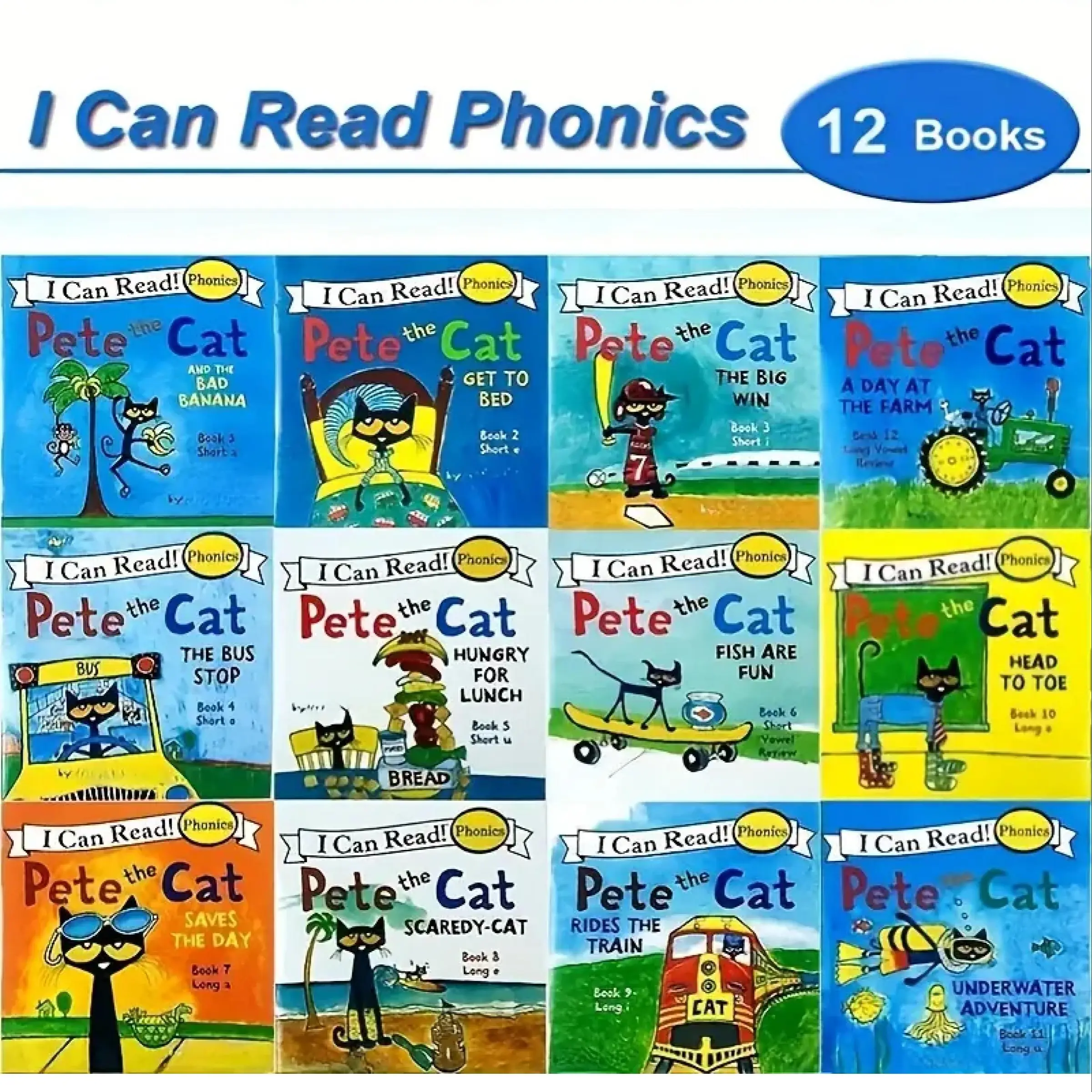 Pete Cat Natural Phonics Mini Book Set, 12 Books for Toddlers, Kids Ages 3-6, Long and Short Vowel Introduction, Professional Reviewed, Early Reading Book, Preschool Learning Book, Kindergarten Readiness Book, Early Reader Books