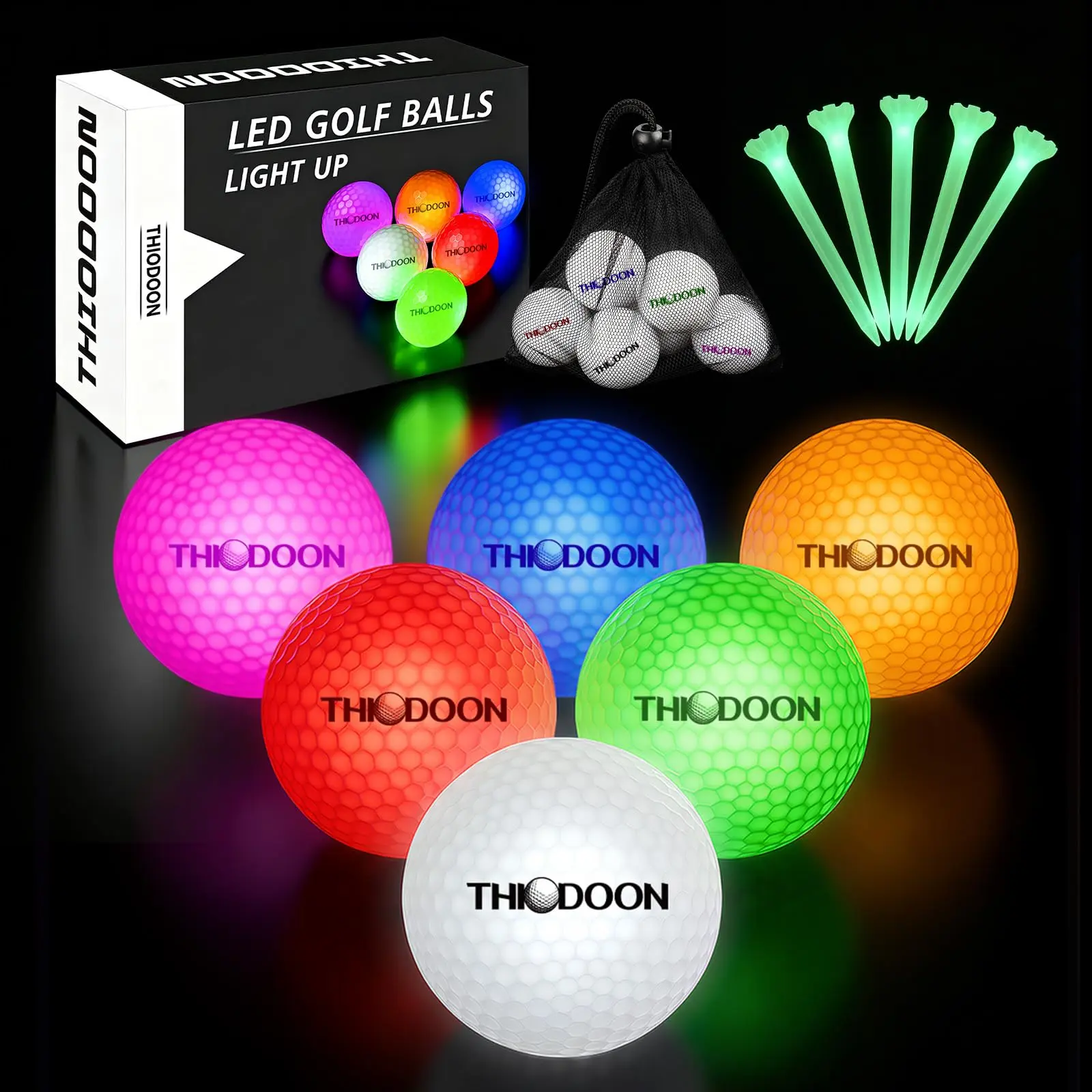 THIODOON 6-Pack Synthetic Glow-in-the-Dark LED Golf Balls - Long-Lasting Golf Accessory & Equipment, Ideal Night Gift Set for Friends & Parents