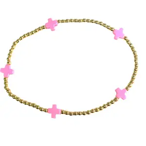 E Newton Signature Cross Small Gold Pattern 2mm Bead Bracelet Bright Pink