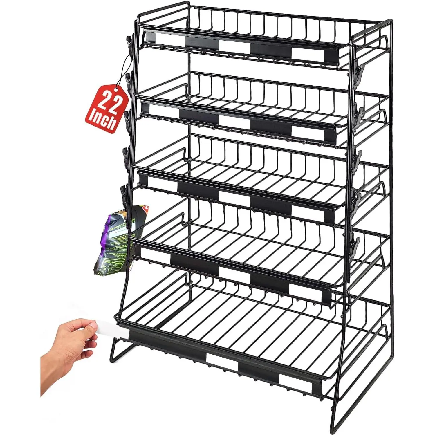 5-Tier (5-Layer) Commercial Style Metal Frame Label-Ready Snack Rack, Candy Display Stand, Benchtop Racks & Displays for Retail Stores, Black Home Organizer Shelf for Kitchen
