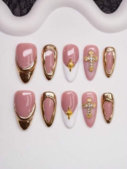 Spring/Summer Handmade Almond-Shaped Nail Tips With Y2K Chic Style, In Nude, White, Gold Colors Featuring Cross, Star, Asymmetrical Metallic Design, Suitable For Women & Girls To Wear At Parties, Weddings, Daily Life. 10Pcs/Set With 3 Sizes, Includes Nai