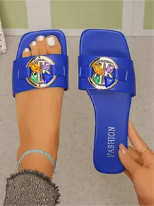 Square Toe Flat Slide Sandals Women Rhinestone Buckle Design, Lightweight Summer Slippers for Beach, Home & Outdoor Use