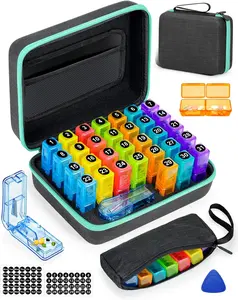 Monthly Pill Organizer 2 Times a Day, with Weekly Pill Bag, Portable Hard Shell, Pill Cutter, Plastic Opening Pick, Monthly & Weekly Stickers, Convenient Medication Management and Tracking