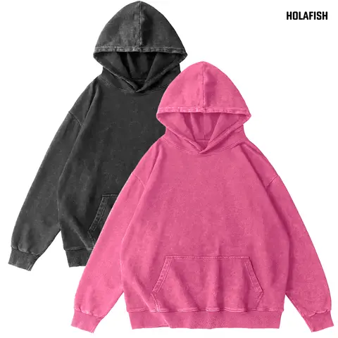 Holafish Women's Oversized Acid Wash Preppy Hoodie - Classic Vibe, Street Style Pullover, Pocket Hem, Unisex Vintage Streetwear Sweatshirt