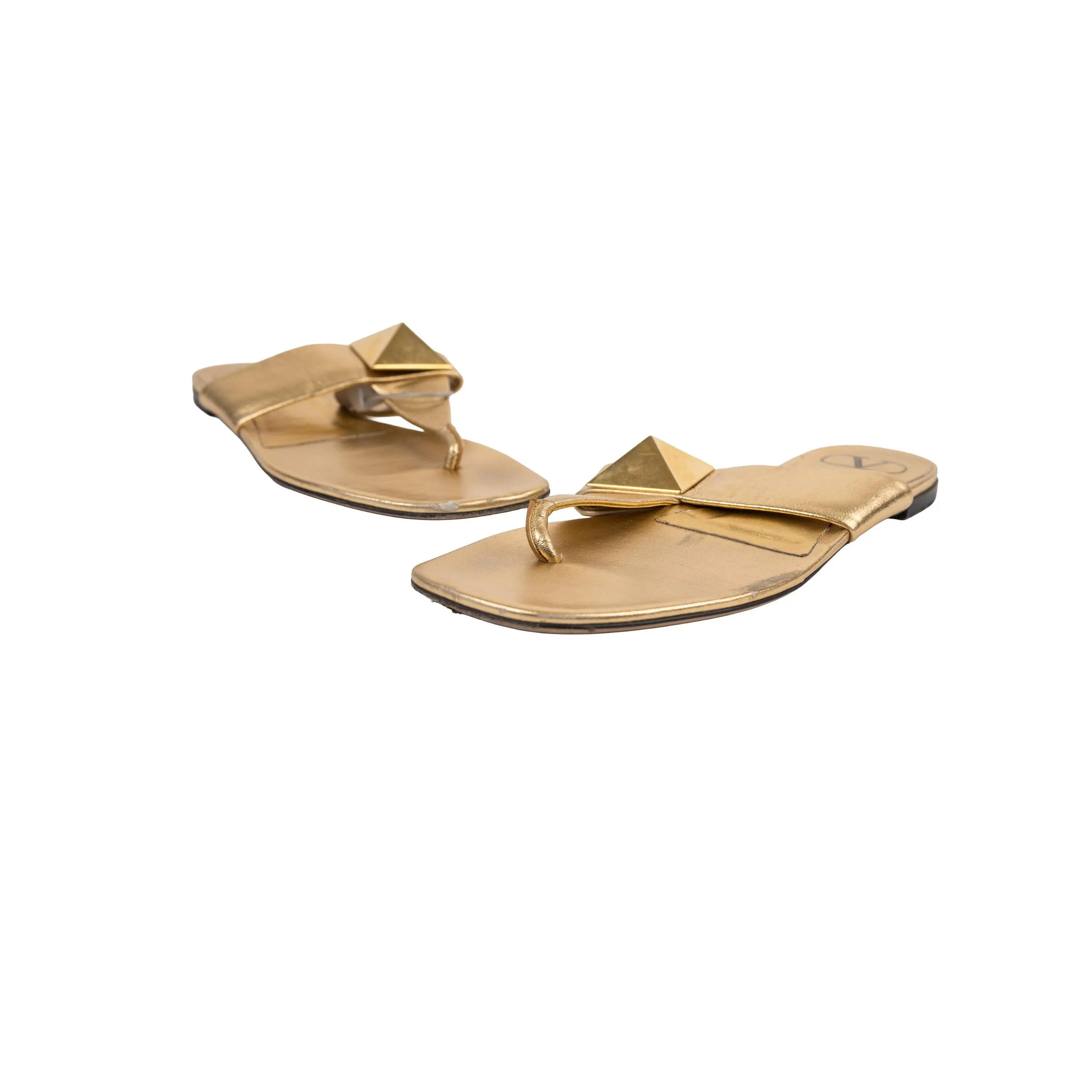 Valentino Garavani Gold Metallic Leather Roman Stud Thong Sandals Size 38.5