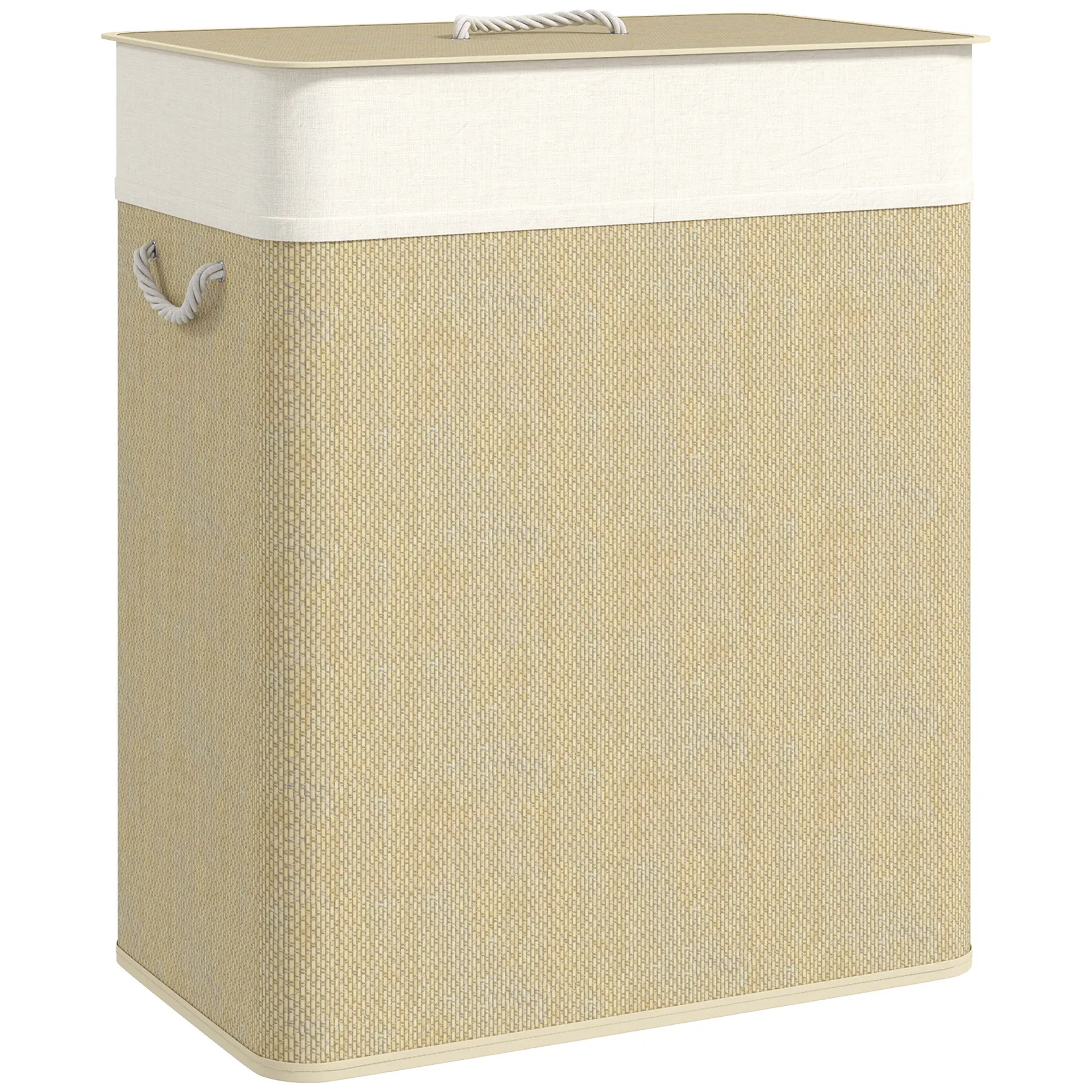 Double Laundry Basket with Lid – 26.4 Gallon Bamboo Laundry Hamper with Rope Handles and Removable Liner. 2 Compartments. Washable Bags. Natural