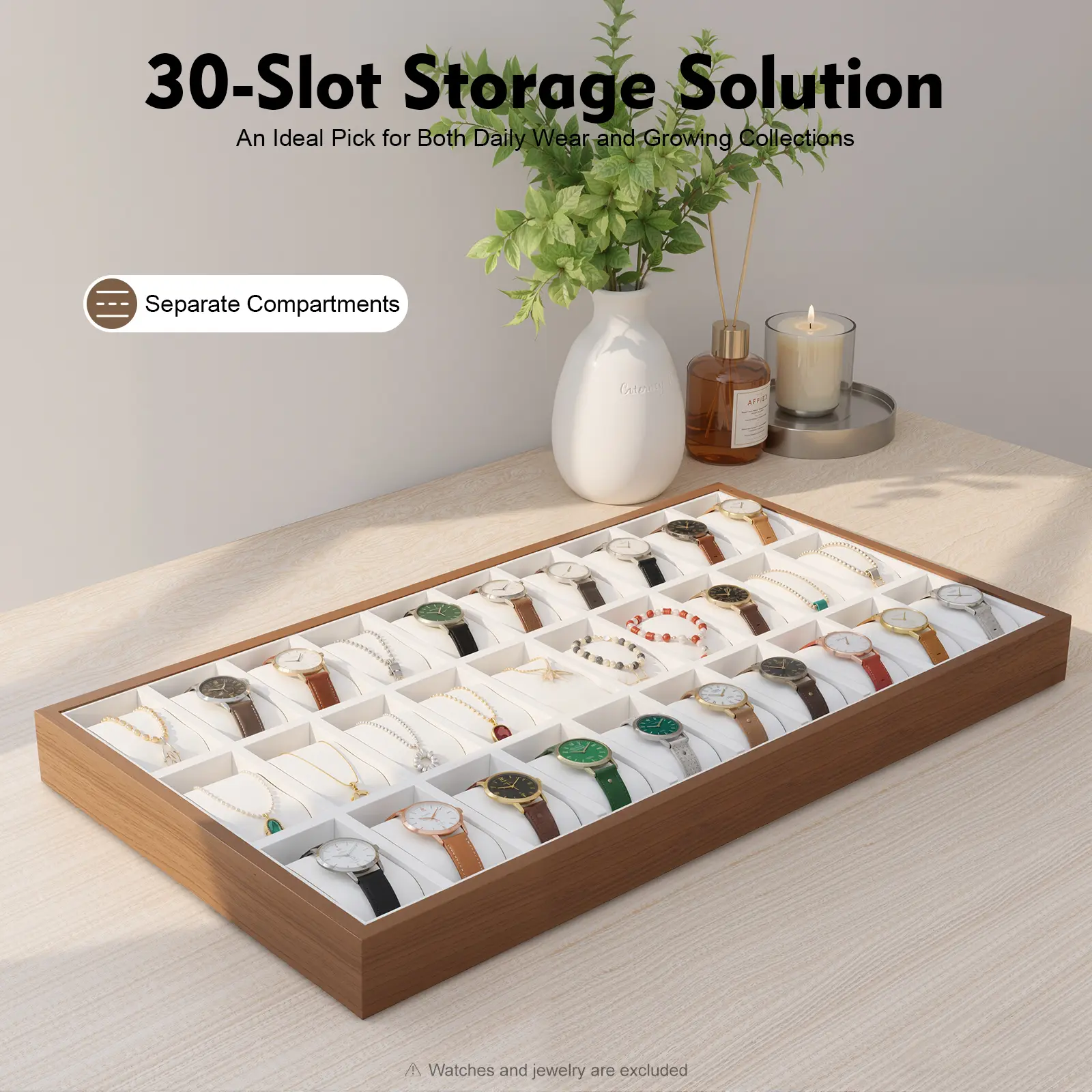 30-Compartment Open Design Wood-Finished Watch Box with Velveteen Lining, MDF Organizer Storage Box, Removable Pillows for Jewelry, Functional Clutter-Free Home Dresser Closet Organizer for Men Women, Organizer Storage Boxes, Clutter-Free Storage Boxes