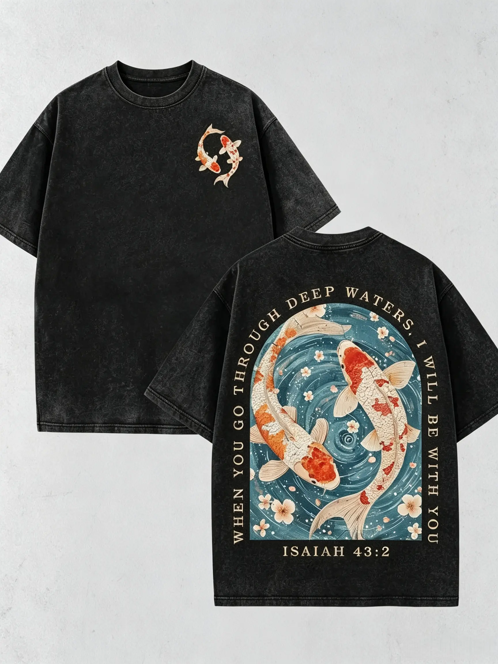 Men's Vintage Retro Koi Print Christian T-Shirt - Isaiah 43:2 Scripture Graphic, Premium Cotton Oversized Washed Cold Wash Short Sleeve Crewneck Streetwear Top, Christian Menswear Casual Clothing, Tshirt, Graphic Tee