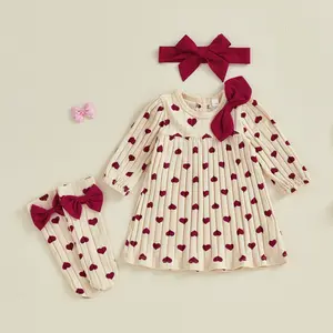 Infant Baby Girls Valentines Dress Cute Heart Printed Long Sleeve Dress with Stockings, Headband