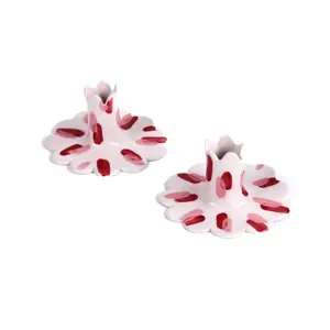 Club House Red Brushstroke Scalloped Ceramic Candle Holders, Set of 2
