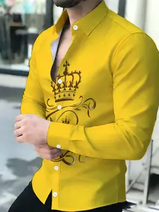 Yellow Crown King Print Men's Casual Wear Clothing Breathable Lapel Long-Sleeve Cardigan