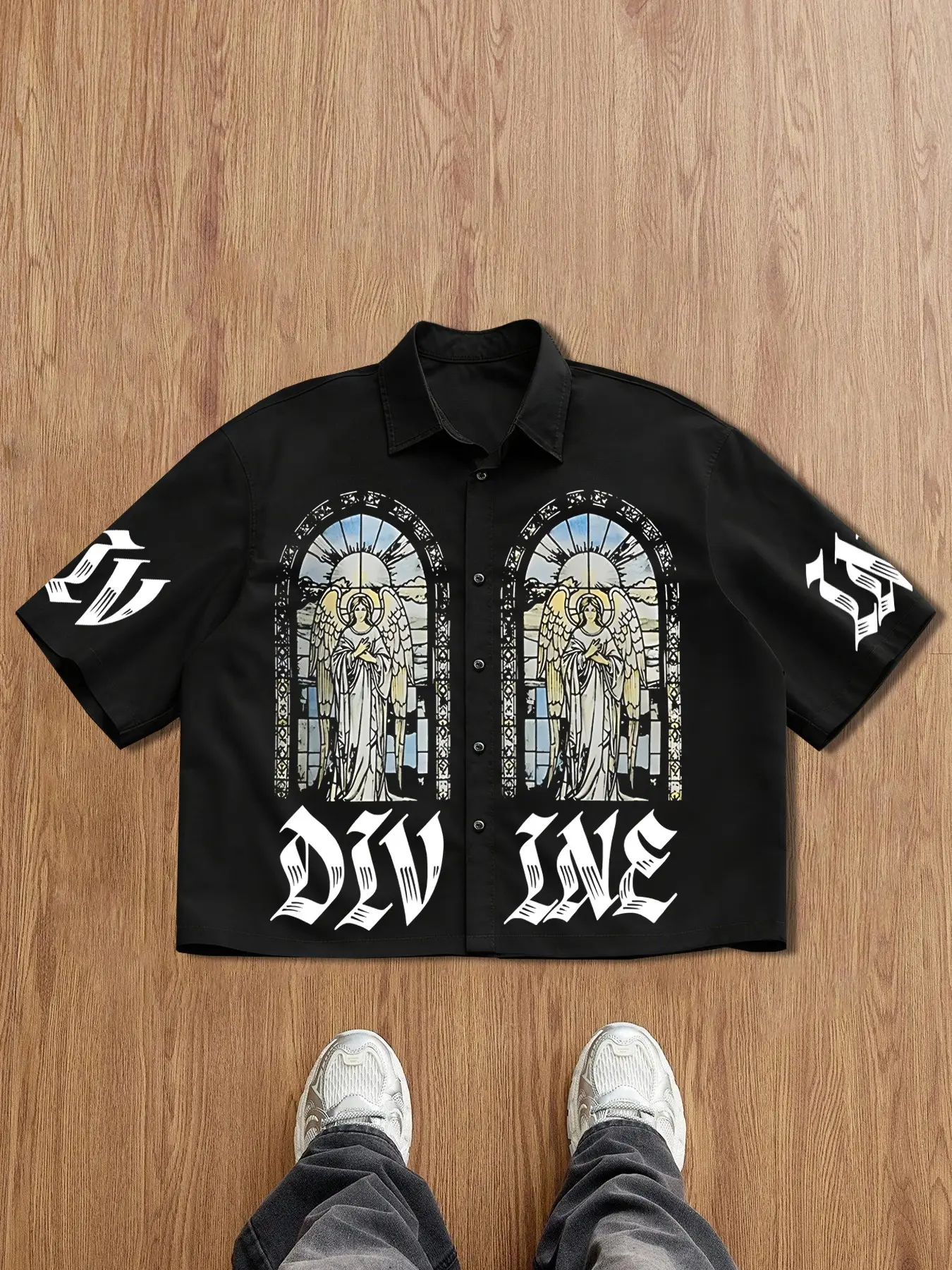Men's Casual Short Sleeve Band Shirt, Casual Button Down, Full Print Graphic Church Window Angel Design, Gothic Letters & Symbols, Comfortable Fabric, Streetwear Style