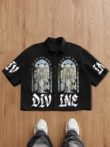 Men's Casual Short Sleeve Shirt, Full Print Graphic Church Window Angel Design, Gothic Letters & Symbols, Comfortable Fabric, Streetwear Style