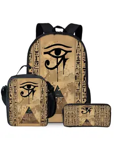 Egyptian hieroglyph printed backpack three piece set including lunch bag and pencil case