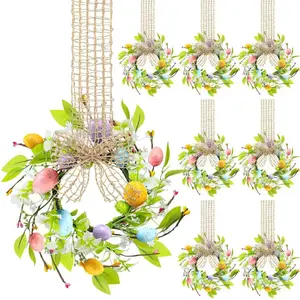 6pcs Easter Spring Wreath Set, Farmhouse Style Holiday Decorations, Japanese Design with Leaves, Colorful Eggs, Artificial Easter Garland Hanging, Decorative Flower Wreath