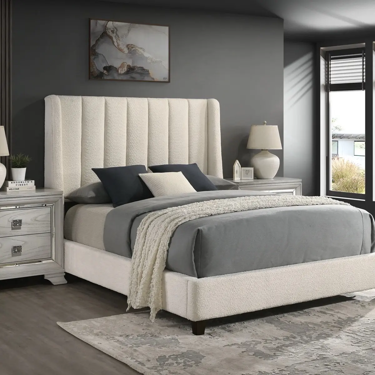 Amy White King Boucle Upholstered Wingback Shelter Bed