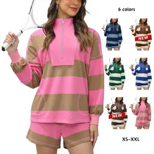 Yeokou Women's Lounge Set 2 Piece Striped Long Sleeve Quarter Zip & Short Sleeve T Shirt and Shorts for Summer & Autumn Casual Workout Tracksuit Sporty Set Stylish Activewear Yoga Outfit Set Lightweight Athletic Outfits Sweatsuit Matching Set