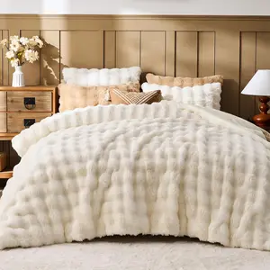 Faux   Comforter Set - Cream White  Comforter  Size, Big Bubble Faux   Bedding Comforter Sets, Warm Cozy Fuzzy Bed Set 3 count, 1 Comforter and 2 Pillowcases