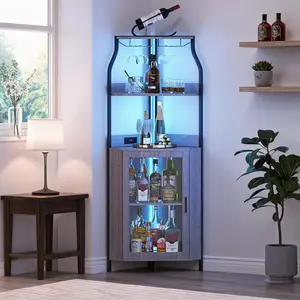 Corner Wine Cabinet with Removable Wine Rack, Glass Holder and Mesh Door, Corner Bar Cabinet with Adjustable Shelves, Wine and Liquor Storage Cabinet for Dining Room Kitchen Living Room