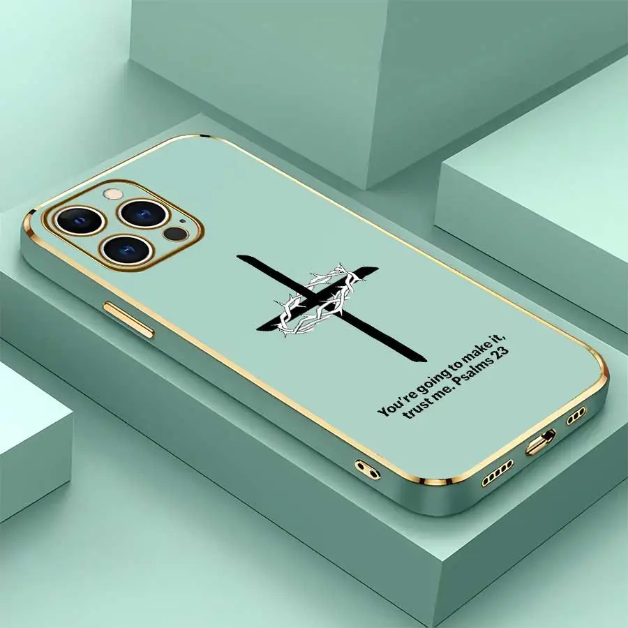 Shockproof TPU Phone Shell, Light Green Crown of Thorns Cross Psalm 23 Pattern, Electroplated Gold Rim, Minimal Elegant Faith Style Protect Cover for Multiple iPhone Models (17 Pro Max,16,16 Plus,15,14,13,12), Ideal Birthday & Holiday Gift, Electroplated