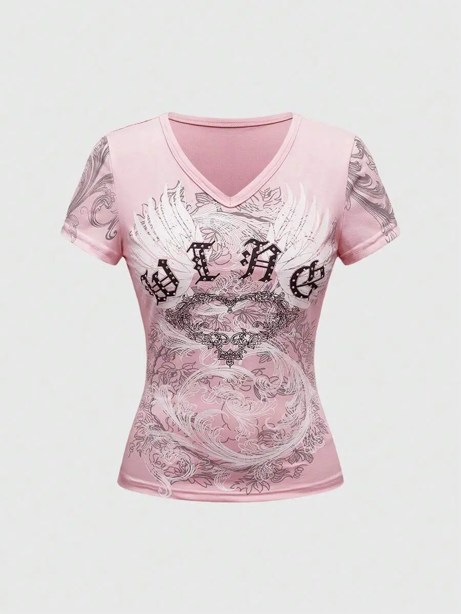 Fairycore Spring/Summer Women's Casual V-Neck Long Sleeve Letter & Wing Print T-Shirt, Spring/Summer