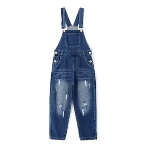 9M-14T Boys Denim Overalls, Ripped Holes Elastic Waistband Inside Jeans Workwear Pants