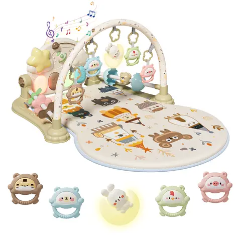 AIBEIQITOY Baby Kick & Play Piano Gym Mat, Tummy Time Activity Play Mat with Music, Lights & Hanging Sensory Toys for Newborns 0-12 Months, Padded Play Mat, Play Mats