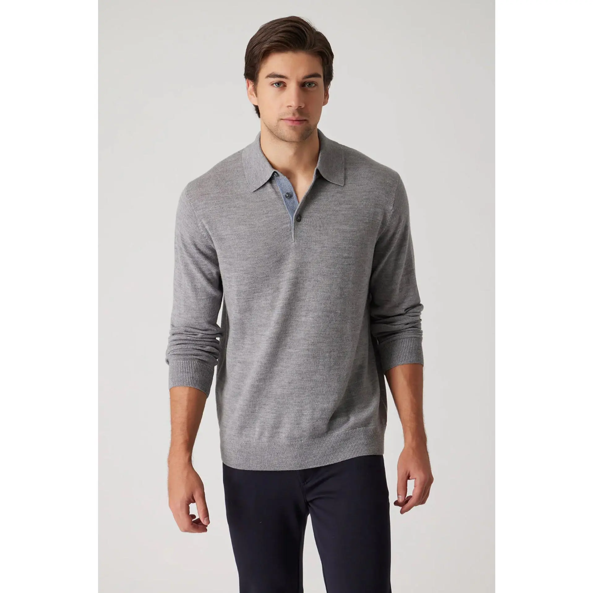 LONG SLEEVE MERINO POLO - PLATINUM