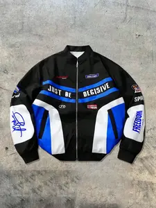 Unisex Blue Motorcycle Jacket, Letter Print Design, Fashion Streetwear Hip Hop Casual Outerwear, Fall & Winter Fitted Coat