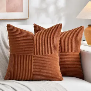 2 Packs Rust Boho Decorative Throw Pillow Covers 18x18 Inch for Couch Bed Sofa, Farmhouse Fall Home Decor, Soft Corss Corduroy Patchwork Textured Terracotta Accent Cushion Case 45x45 cm