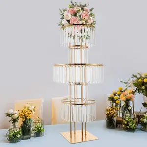 5-Tier Modern Acrylic & Iron Standing Flower Stand with Round Crystal Pearl Pendant, Gold Electroplated Wedding Centerpiece Rack, Elegant Floor/Tabletop Bouquet Holder for Home Photo Decor, Ideal Party Event Gift