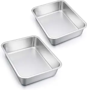 Lasagna Pan Set of 2, Deep Stainless Steel Baking Pans, 12.75 x10 x3.2 Inches Rectangular Metal Roasting Baking Dish Bakeware for Oven, Non-Toxic & Heavy Duty, Dishwasher Safe