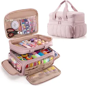 Puffer Sewing Organizer Bag, Large Capacity with Multiple Pockets and Detachable Dividers, Storage Box for Threads, Needles, Scissors, Craft Supplies, Pink (Bag ONLY, NO Supplies)
