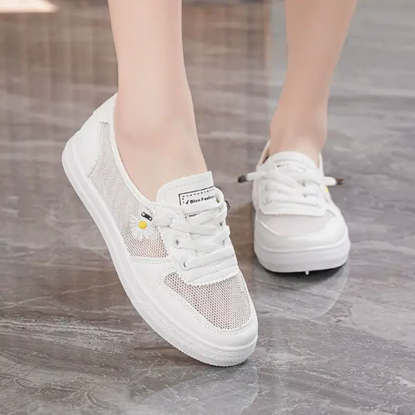 Minimalist low-top slip-on canvas shoes with ventilated fog ivory mesh, subtle mini daisy embroidery, full pale cream layered cushioned platform sole. Soft neutral floral look creates clean girl daily fit TikTok clips.