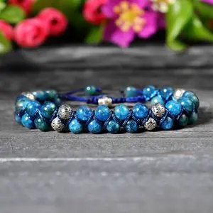 Natural Double Layer Braided Blue Apatite Crystal Healing Reiki Men Women Adjustable Bracelet
