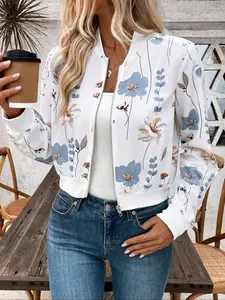 Elegant Women's Floral Print Zipper Long Sleeve Short Casual Jacket Coat, Stylish Ladies' Fashion Outerwear for Spring & Fall