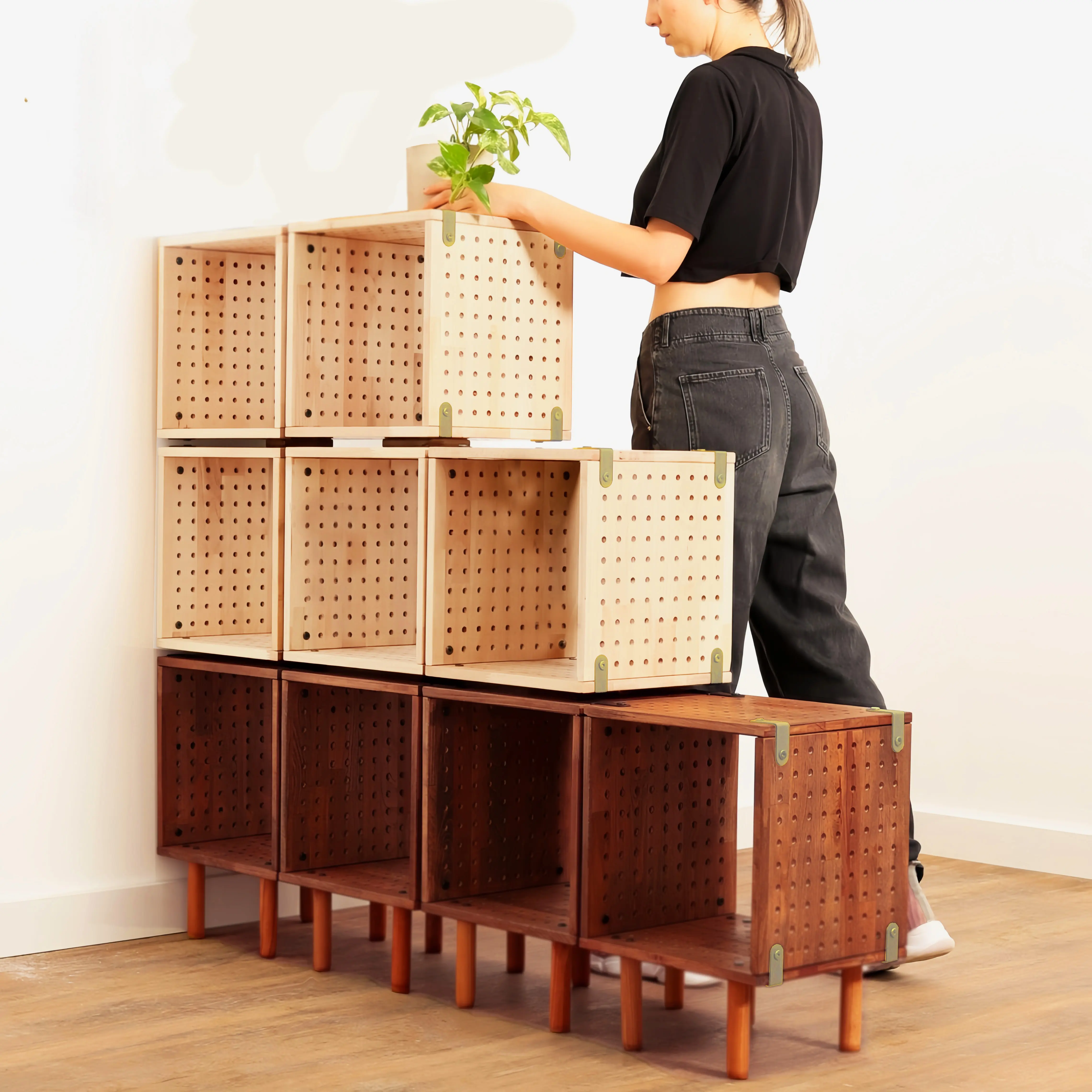 2-Tone Finish Walnut-Oak Square Cubby Shelf Modular Pegboard System - Tool-Free DIY Quick Setup, Adjustable, Stackable Customizable, Integrated Side Pegboards, Bedroom Home Organizer, Doubles Storage Capacity, Effortless Style for Dynamic Home Offices