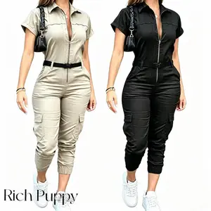 2025 New Women's Fashion Zipper Jumpsuit Short Sleeve Lapel Multi-Pocket Belt Jumpsuit