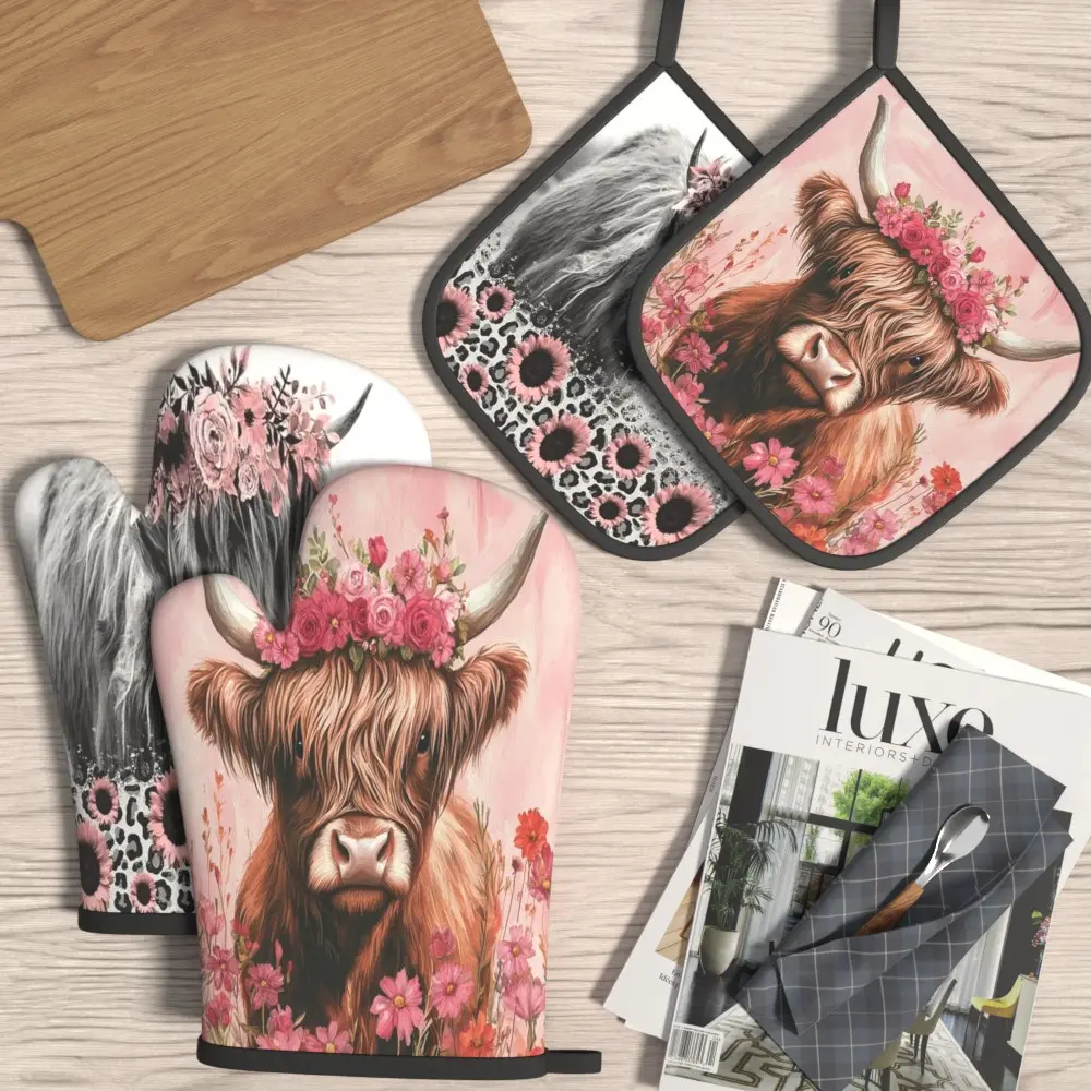 4pcs Heat Resistant Oven Mitts And Potholders, Floral Style Cow Oven Mitts And Pot Holders Sets Kitchenware Suitable For Home Kitchen Decoration, Cooking, Grilling, Baking And Great Holiday Camping Picnics Gifts