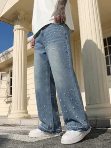 Black Handmade Beaded Loose Straight-Leg Denim Jeans, Classic Y2K Millennial Streetwear Style, Non-Stretch American Street Trend, Boyfriend Gift, Eye-Catching Design Pants