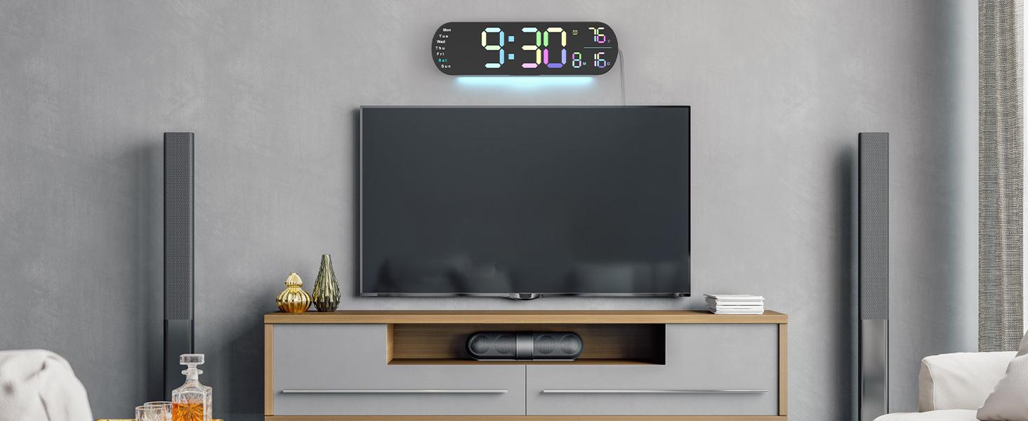 Sailstar Large Digital Wall Clock with Remote, 13.7“ Large Display LED Alarm Clock with Time Date Temp Week, Classroom Clock with Countdown Function, 12/24H, Adjustable Brightness for Living Room Decor Light Rgb