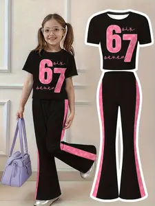 Girls' Fashion Cartoon Star Print Short Sleeve Top and Bell Pants Set, Summer Outfits Set, Casual Comfortable, All-Over Print, Toddler Clothing