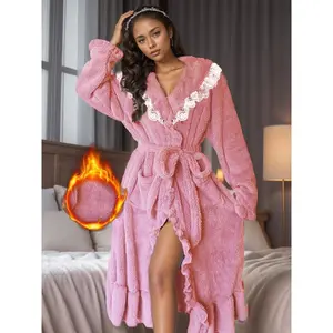 Women's Plush Fleece Court-Style Night  with Lace Trim & Adjustable Belt - Long Sleeve Cozy Winter Sleepwear, Machine Washable Elegant Home Lounge  for Adults, Flannel Nightgown, Indoor Comfort Wear robe