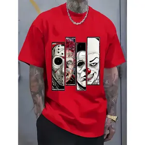 Men's Casual Sporty Fashionable Trendy Fitness Outdoor Home Short Sleeve T-Shirt, American Vintage Horror Character Patchwork, Stretchy and Comfortable, Suitable for Sports, Travel, and Casual Daily Wear - Regular Fit Crew Neck, Knitted Fabric, Sporty Spo