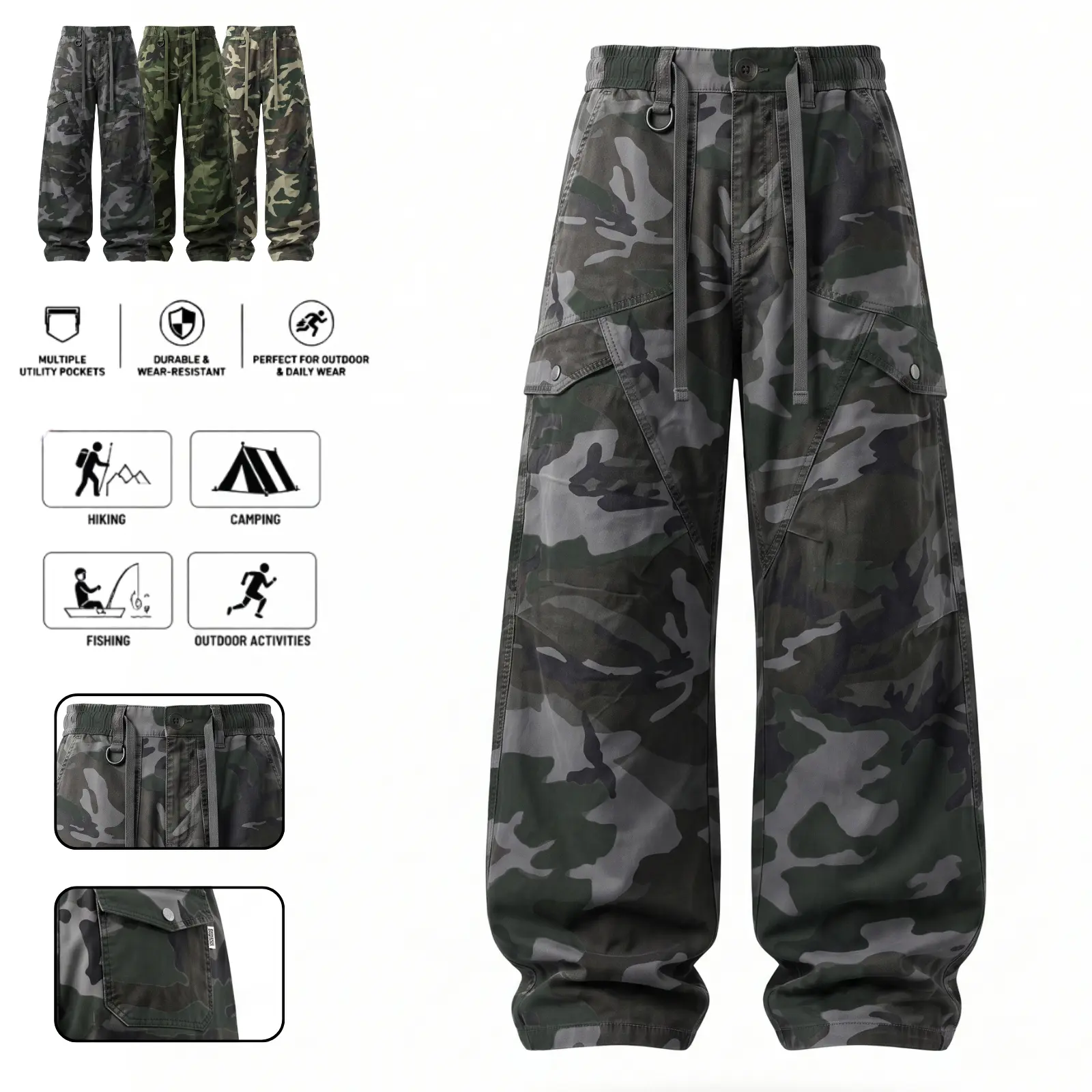 Vintage camouflage cargo wide-leg pants with drawstring waist, side pockets, patchwork design—trendy casual long trousers