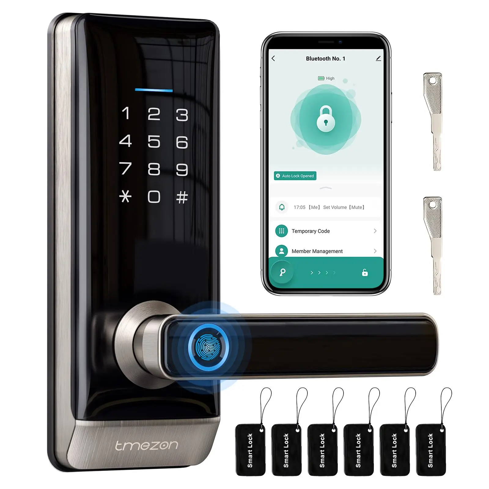 TMEZON Smart Door Lock H2 Keyless Entry Fingerprint Keypad Digital Lock with Handle for Home Remote Card Unlock 5-in-1 Biometric Key Bluetooth App