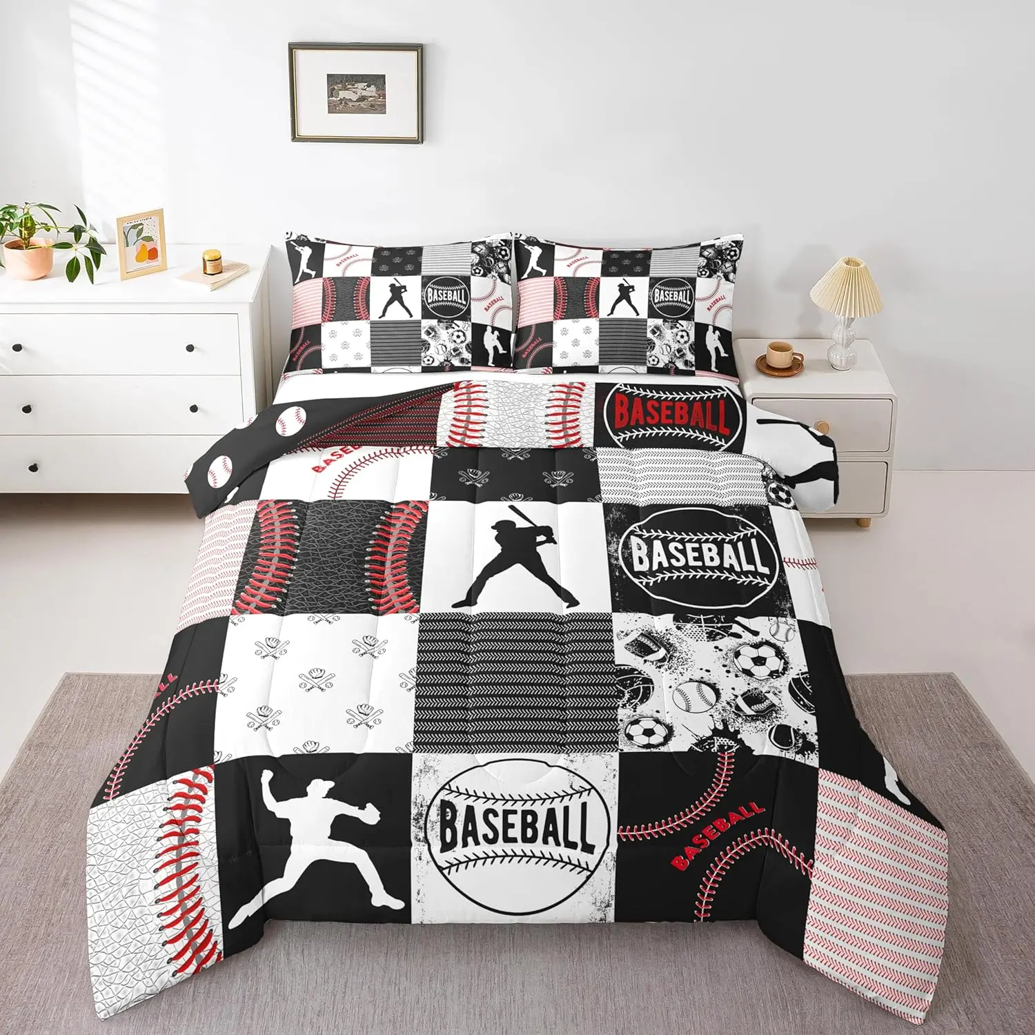 Feelyou Kids Sports-Themed Baseball Bedding Set - Soft Quilted Comforter with Patches, Multi-Size Patchwork Down Duvet Insert, Red Black Gray Travel-Friendly Blanket, Ideal Gift for Baseball Fans