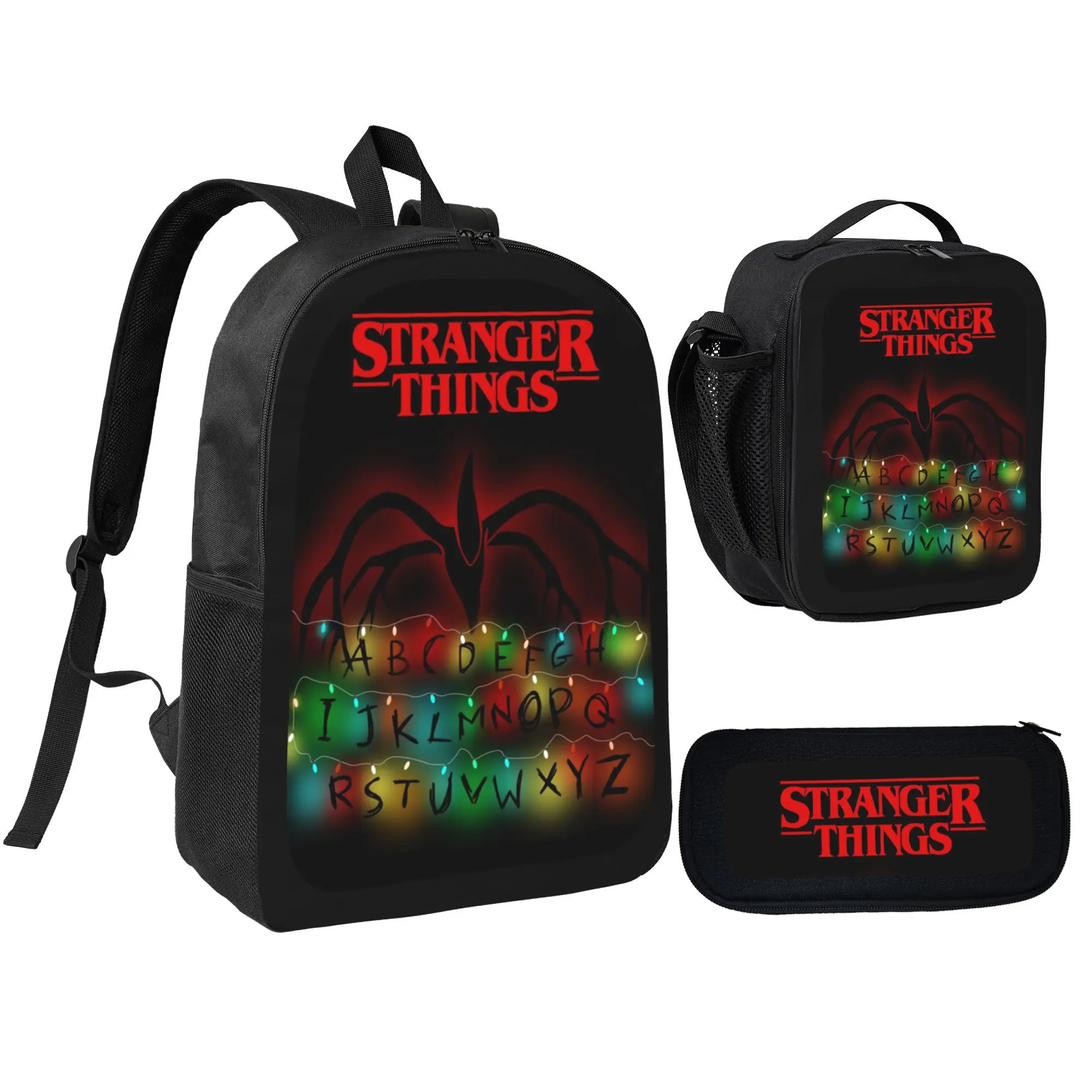 Stranger Things Retro Pattern 3-Piece Backpack Set - School Backpack, Pencil Case, Lunch Container - Lightweight Polyester Ideal for Back to School Vacation
