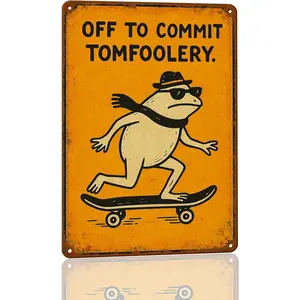 8x12 in Lightweight Metal Hanging Skateboarding Frog Wall Art Plaque - Funny Mountable Sign with "Off to Commit Tomfoolery" Quote, Unique Teen Gift, Whimsical Room Decor